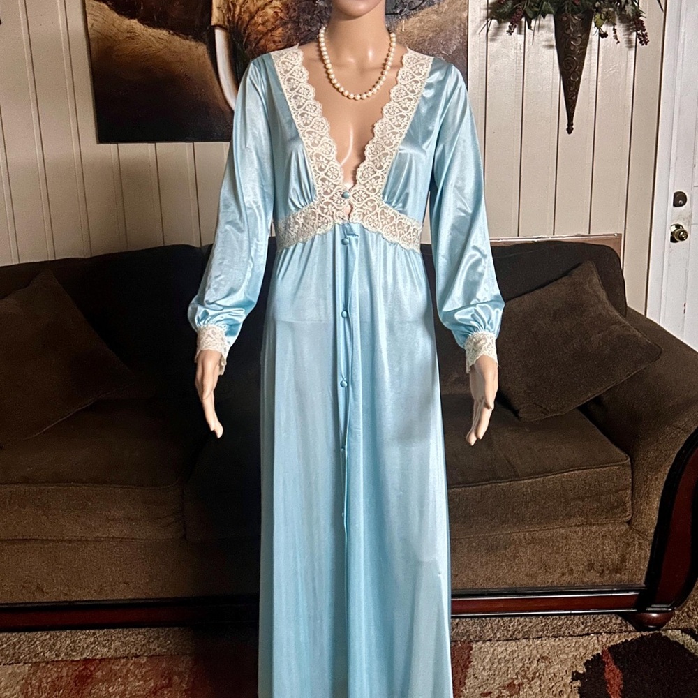 Miss Elaine Light Blue Long Satin Nightgown with Cream Lace Trim